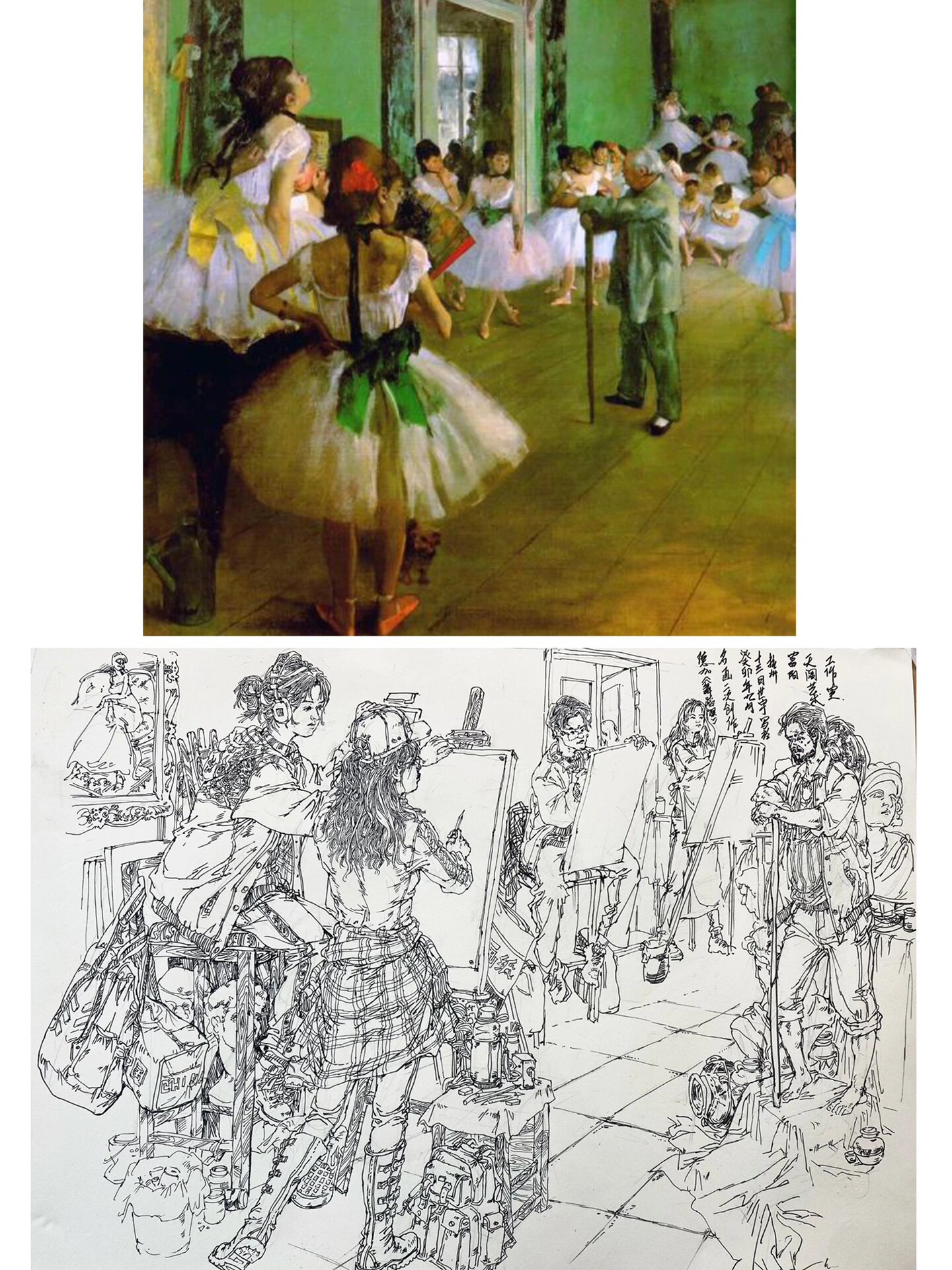 德加《舞蹈课》速写二创默写 材料:秀丽笔