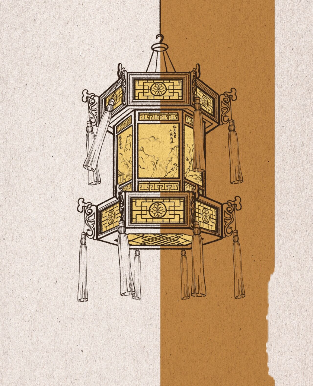 国风元素线稿练习48/100|复古雕花六角灯笼 中式复古的雕花灯笼看似很