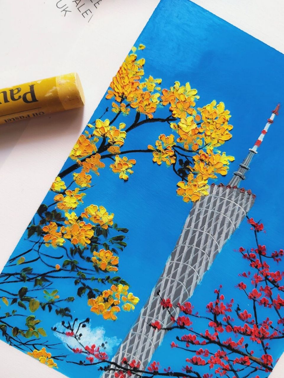 油画棒|春日广州塔(附教程) hello,欢迎观看宁宁的油画棒教程!