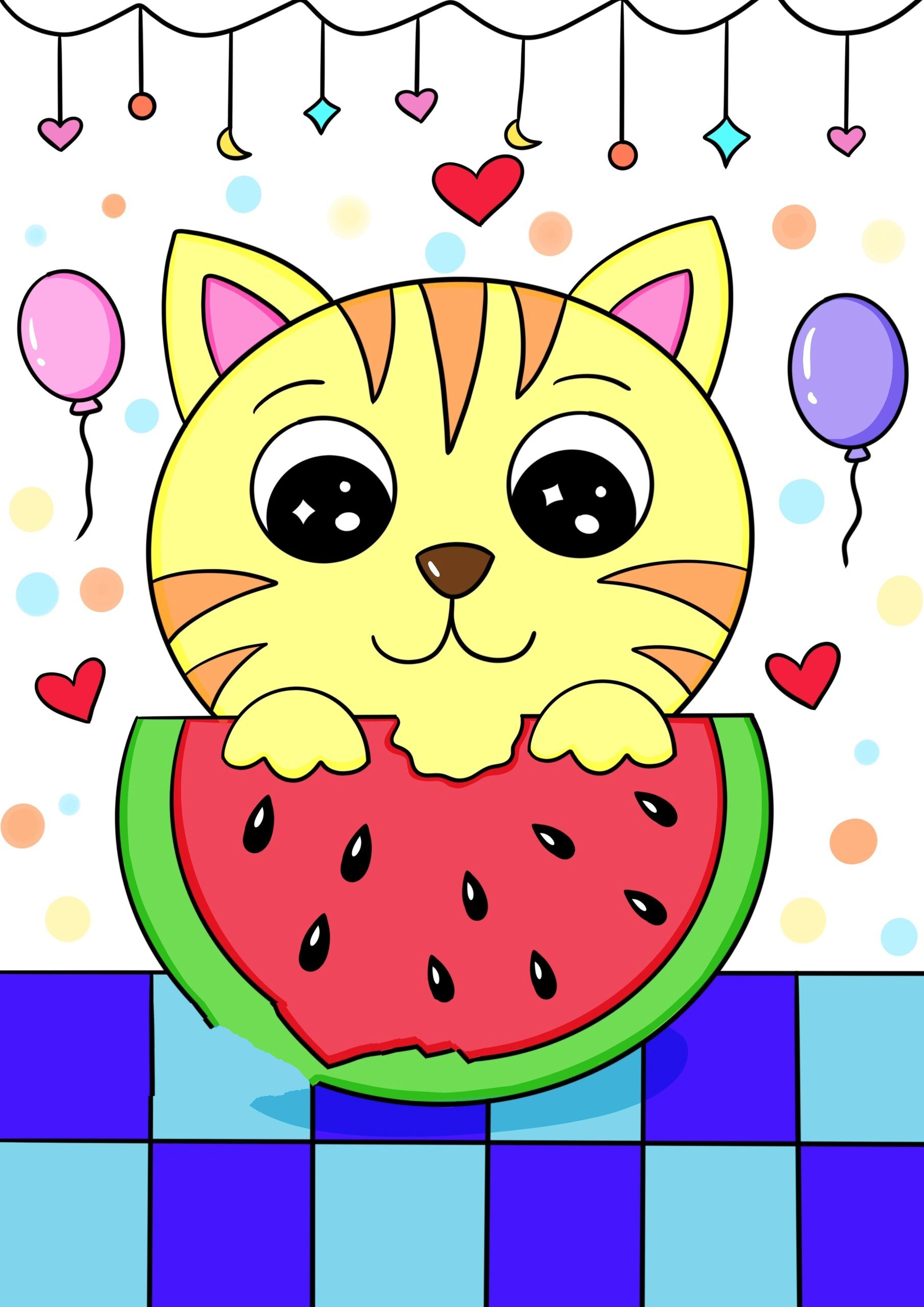 夏日西瓜儿童画 猫咪创意画 吃西瓜的猫咪 🌞夏日主题画 🍉西瓜