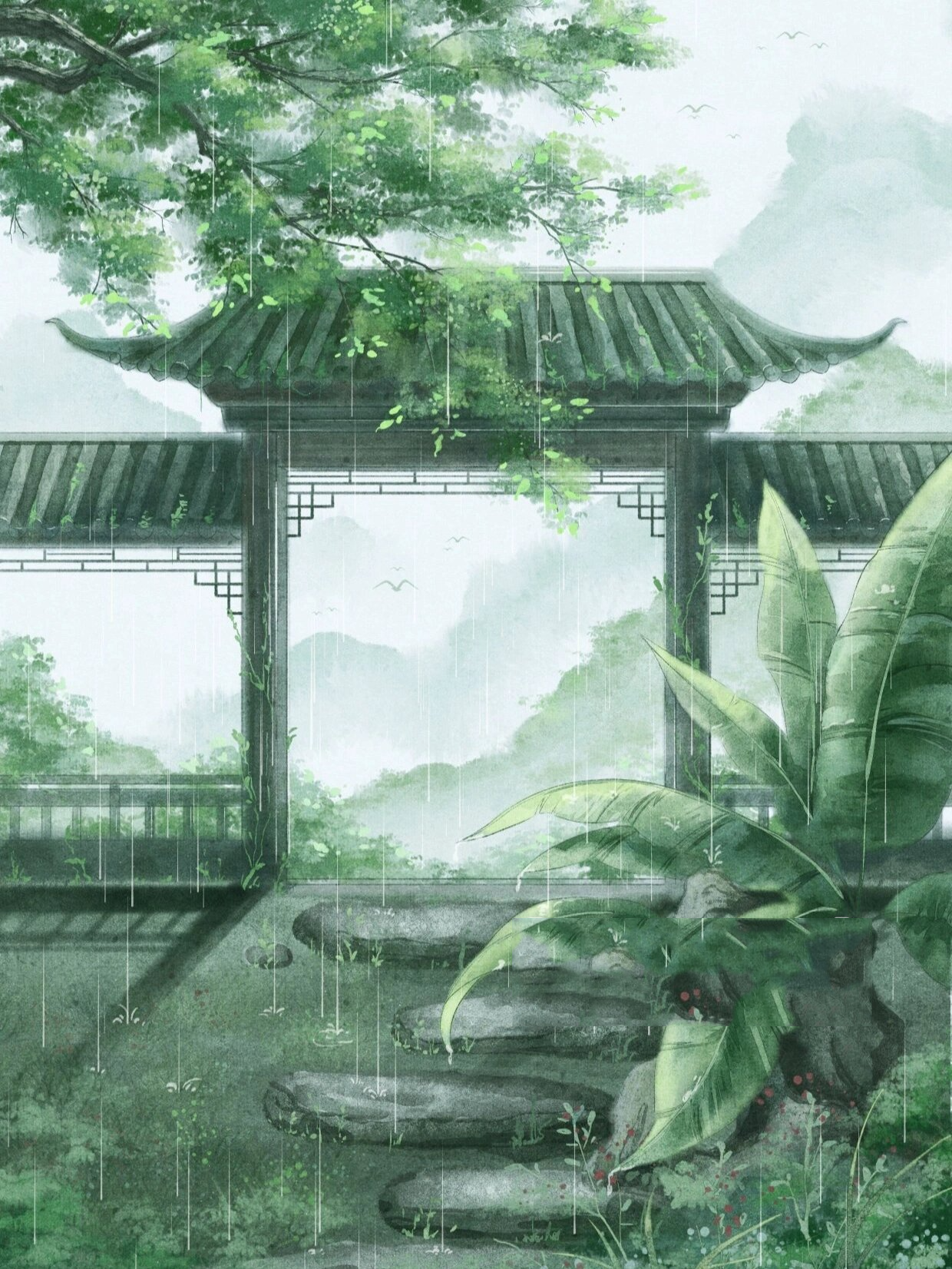 古风插画|庭院 7/100 无题 	 工具:ps 手绘板 二改商用
