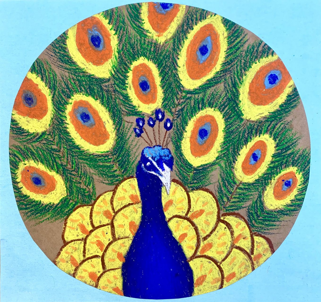 创意儿童画|创意美术——《孔雀开屏》080808 材料:重彩油画棒
