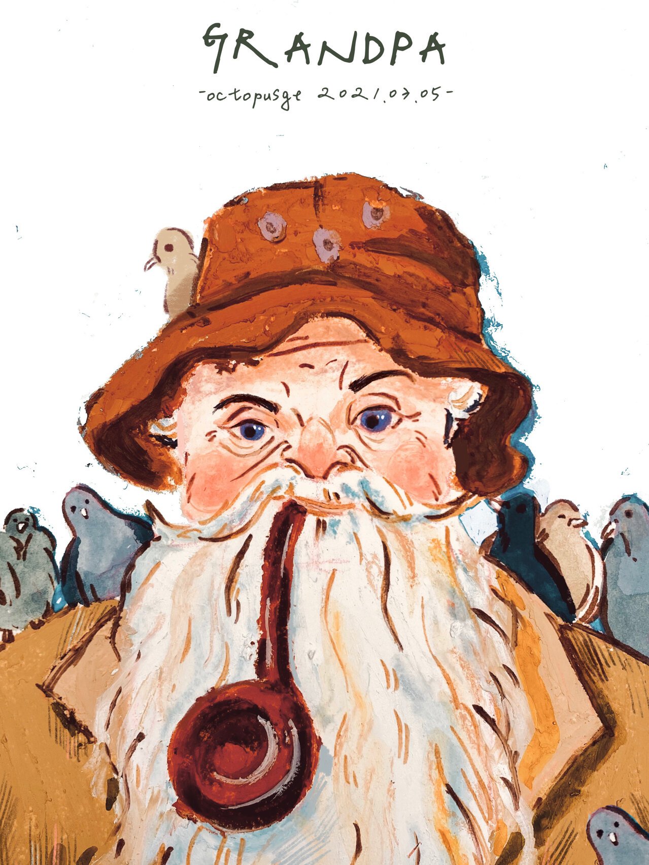 油画棒人物 叼烟斗的老头子