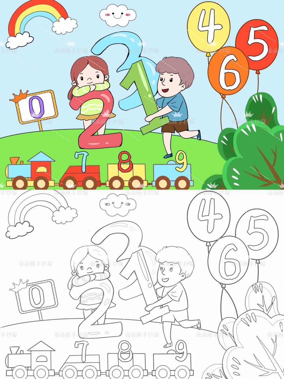 创意数字儿童画手抄报模板小学生一年级数学0到9数字认识绘画作品