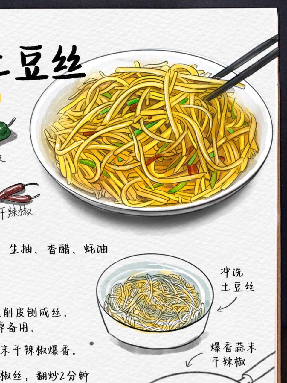 手绘食谱家常菜系列09酸辣土豆丝 一道简单又美味的家常菜93!