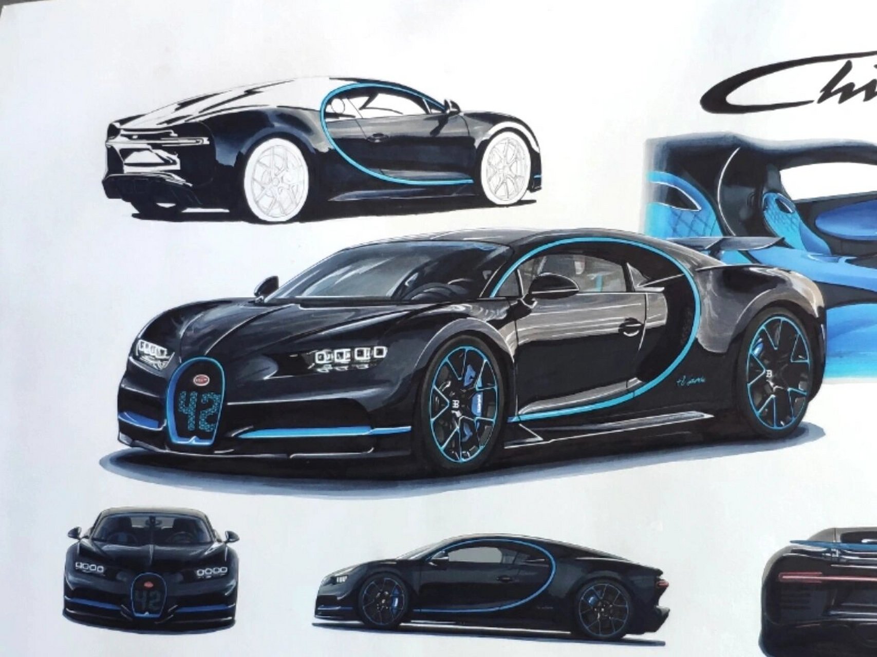 马克笔手绘,世界纪录版布加迪 这台车是布加迪0-400-0 km世界纪录的