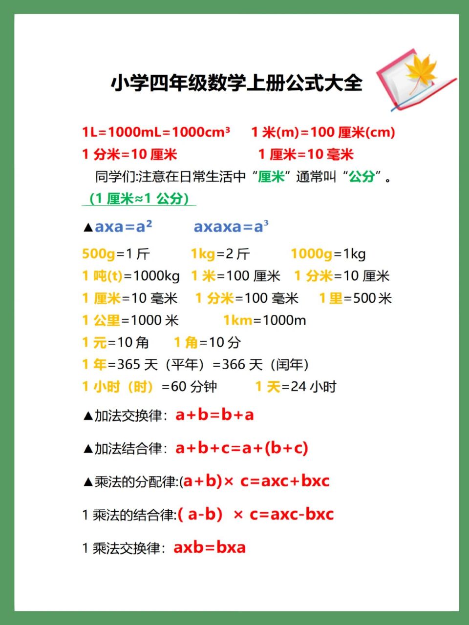 四年级上册数学复习资料 公式大全 数学知识点归纳