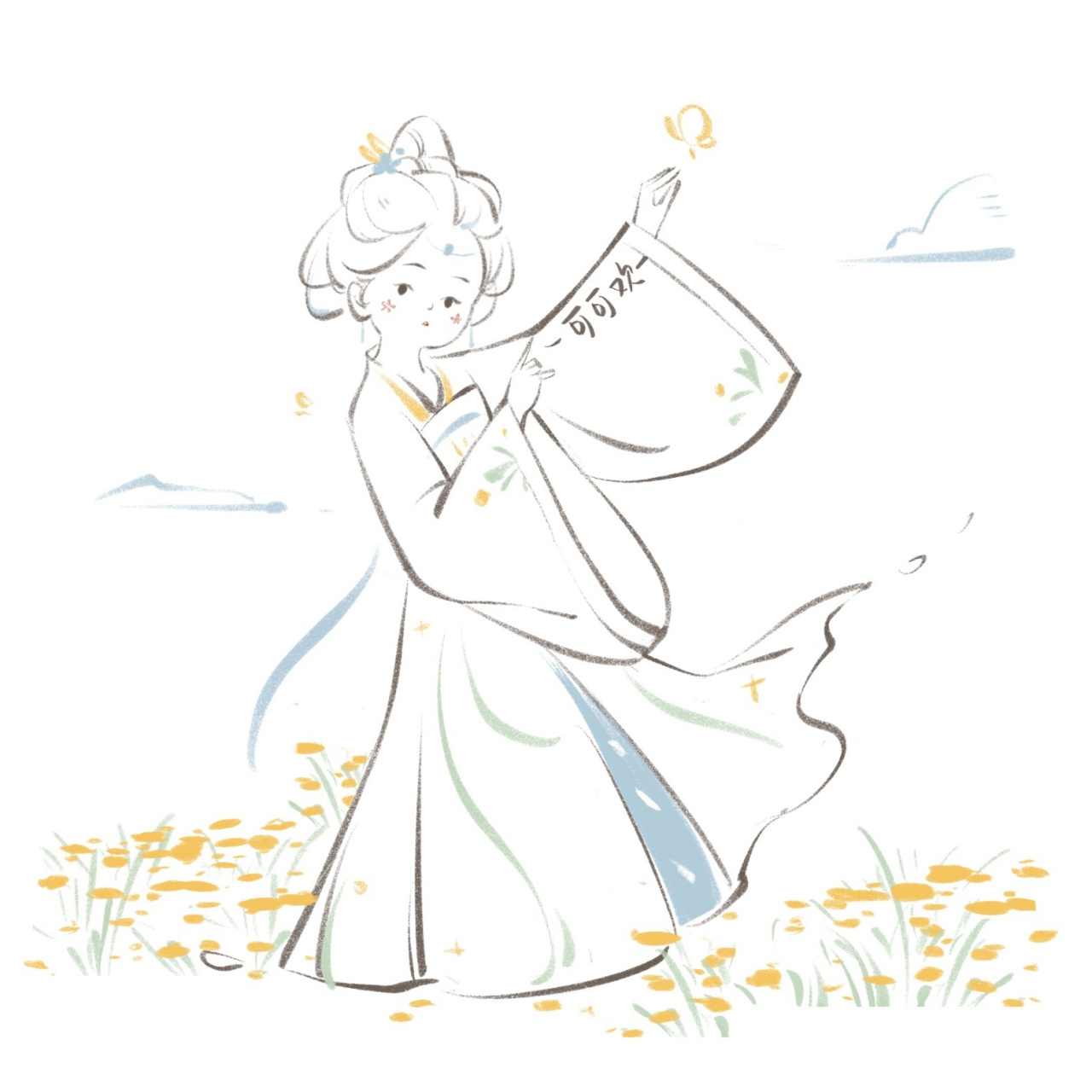 古风简笔画|翩翩起舞小女孩 98落花盘旋,已翩然起舞,醉笑离欢.