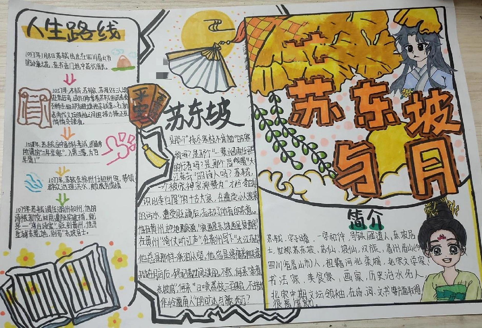 苏轼(苏东坡)手抄报(语文)    别问我里面为什么会有小兰花,是因为听