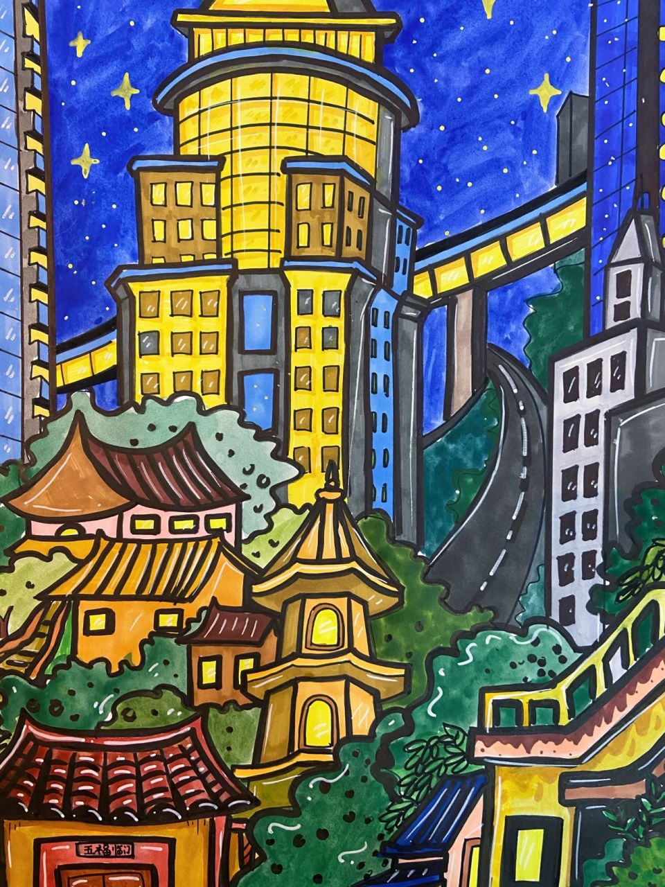 日新月异的家乡|小学主题画4开大小 绘画主题:城市的快速发展,让新旧