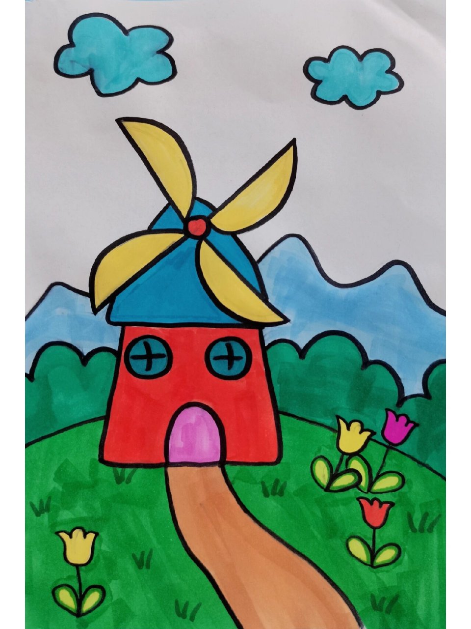 简单的风车房子简笔画 简单的风车房子简笔画,假期带着宝贝画起来吧