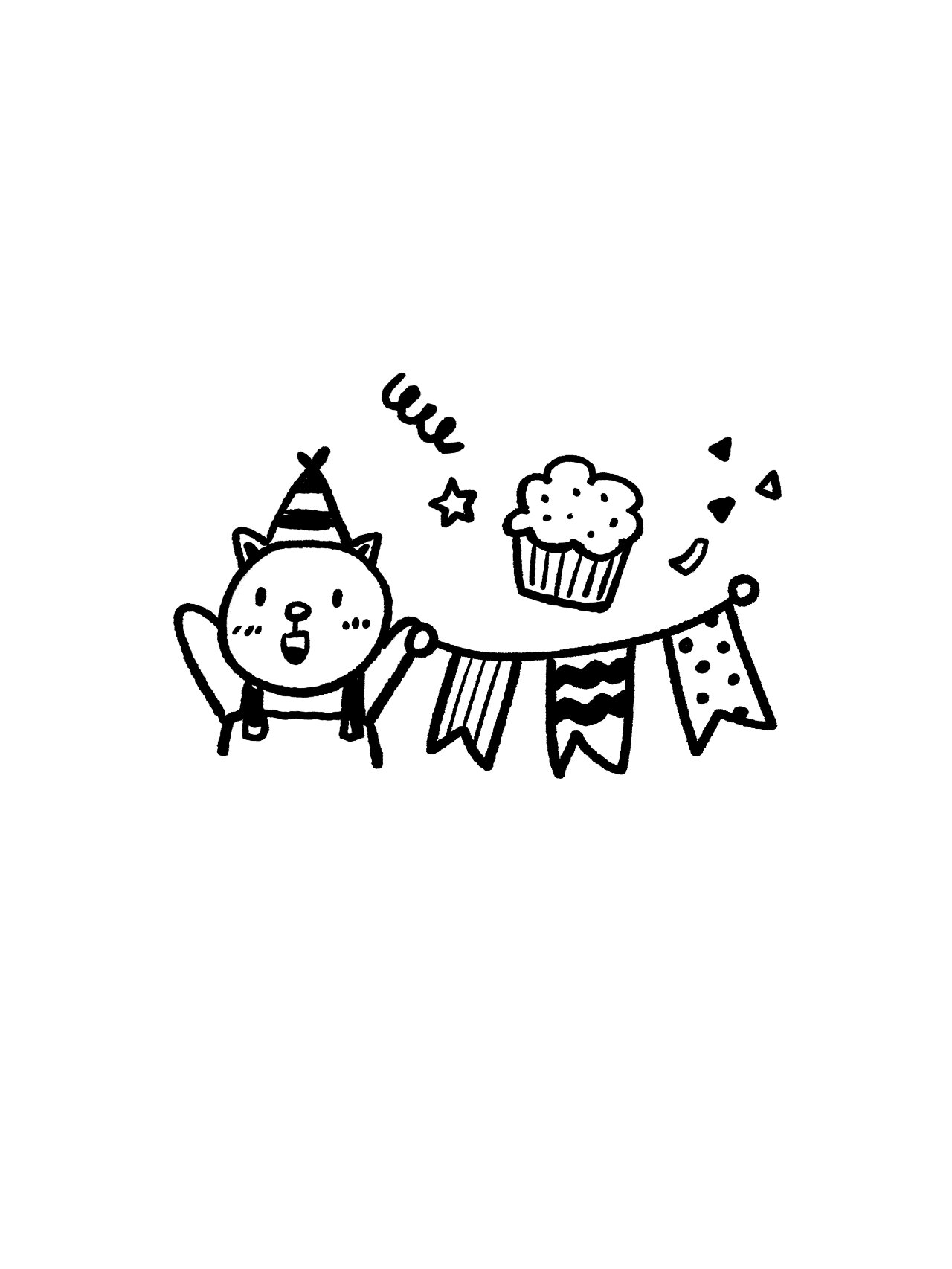 黑白手账素材-生日必须快乐-简笔画庆祝元素