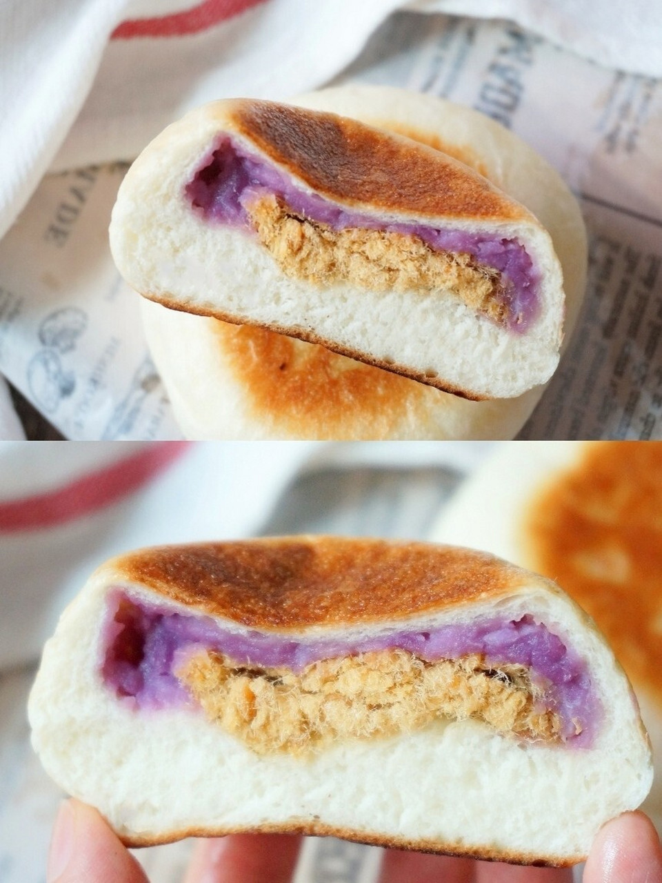 无需烤箱75平底锅93芋泥肉松面包7575好吃到哭～ 香甜好吃的