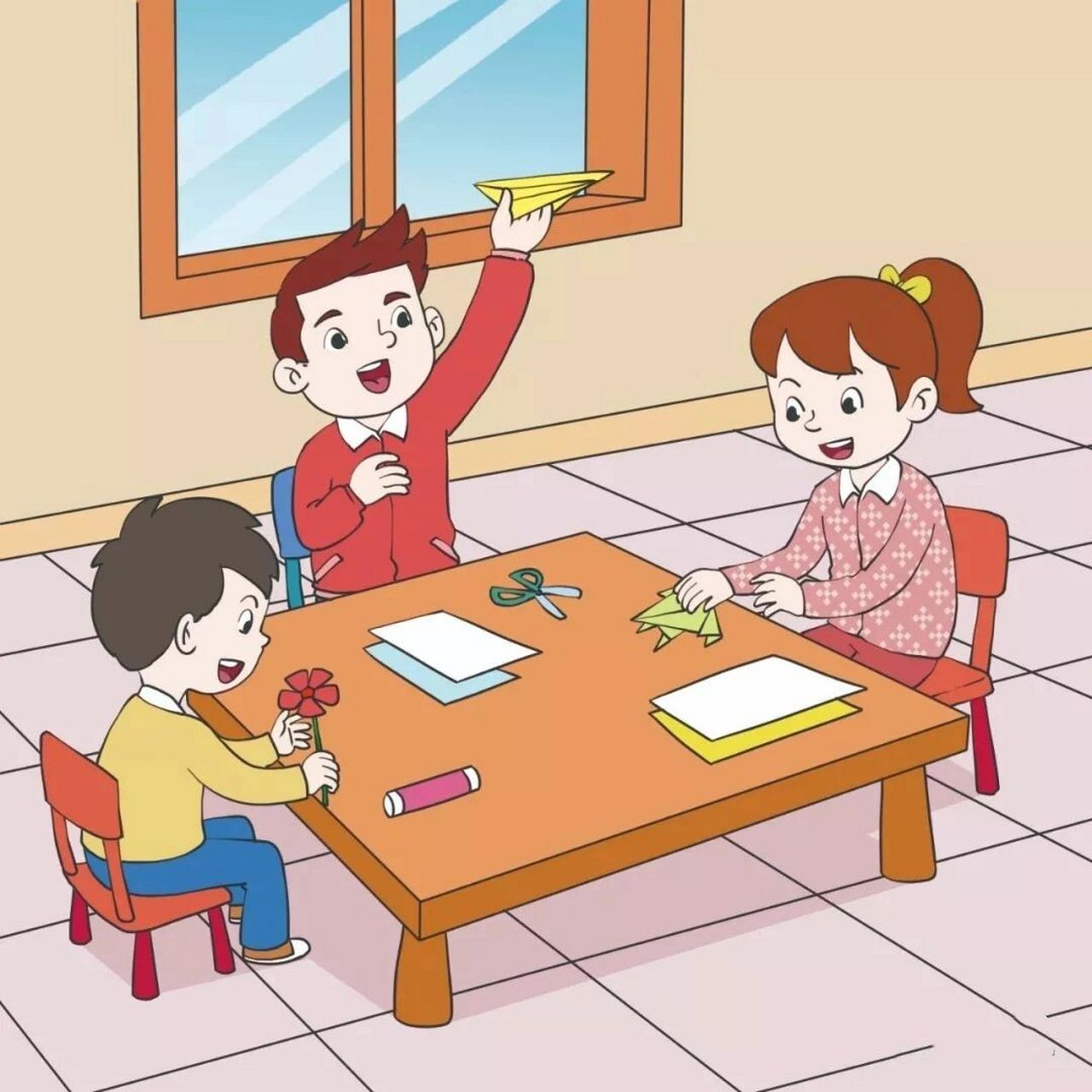 看图写话 手工课 手工课上,甜甜,君君和亮亮在专心地折着手中的彩纸.