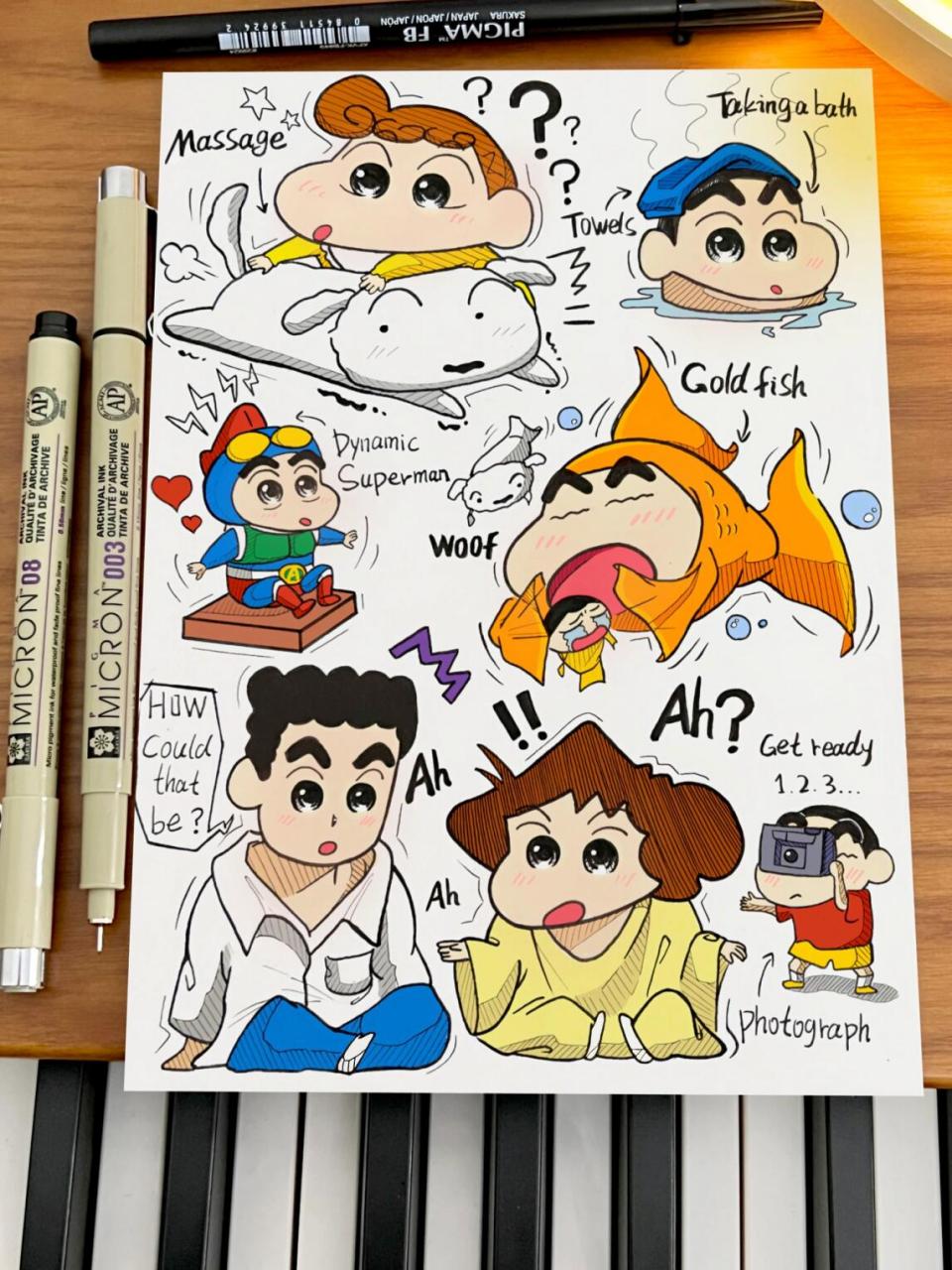 今天画野原一家 变小的广志和美伢也太可爱啦 纸张:a5尺寸白卡纸 画笔