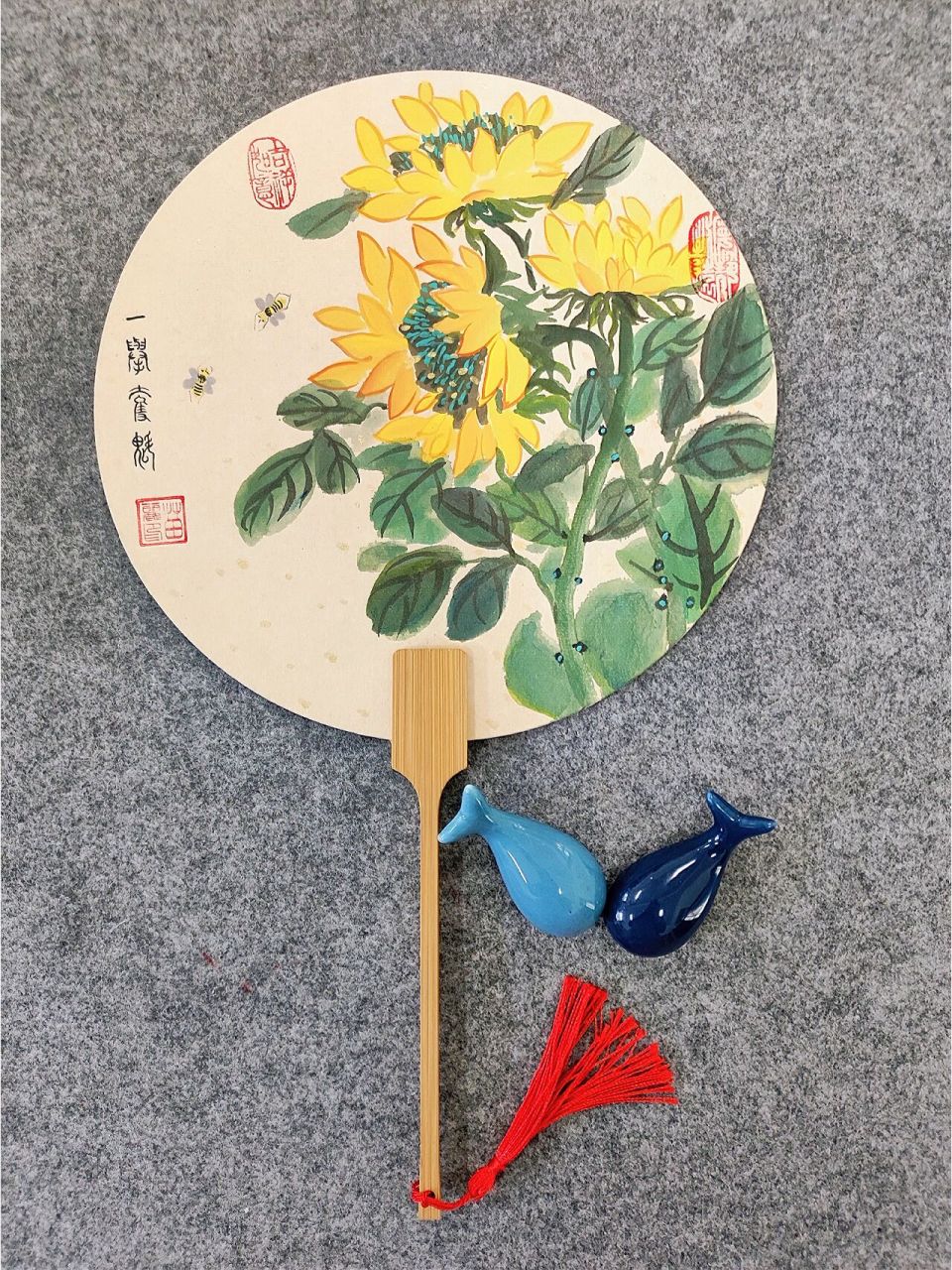 国画团扇向日葵书法金榜题名