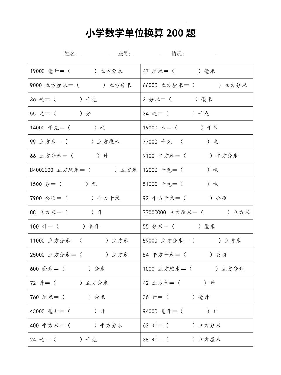 小升初单位换算专项200题(含答案)