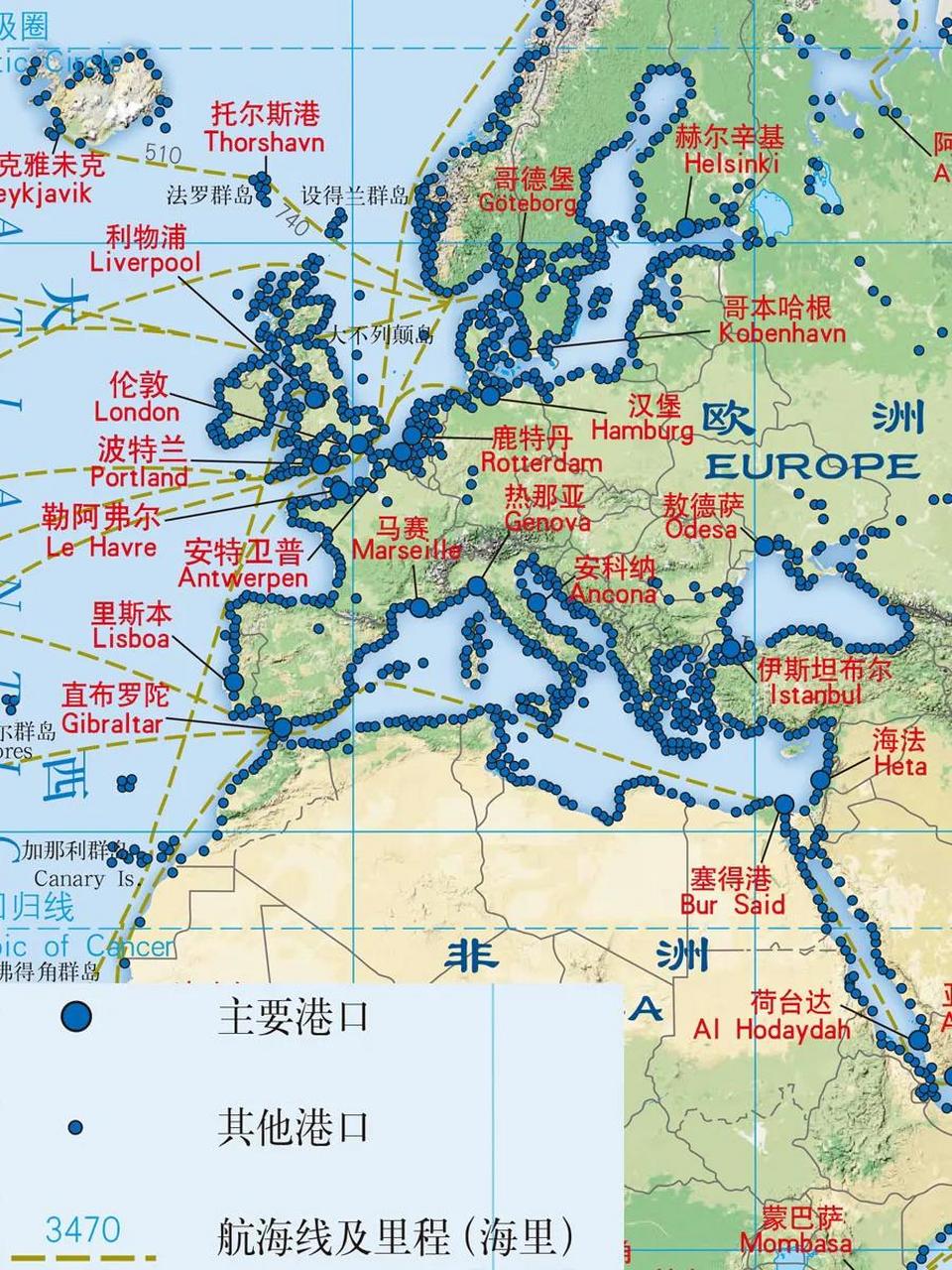 欧洲港口分布,地中海,波罗的海的港口一个挨一个,英国一圈都有港口,有