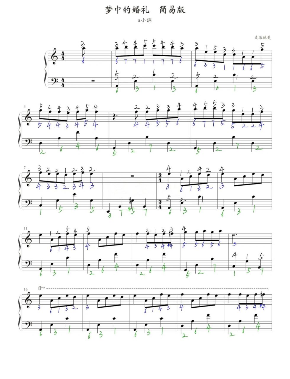 简易版《梦中的婚礼》乐谱|指法77简谱77无 -蓝色数字为右手简谱