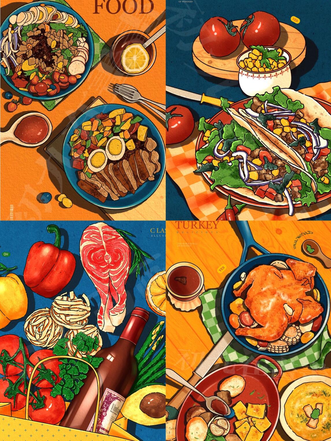 复古美食插画合集/冬天就是要涨肉肉啊