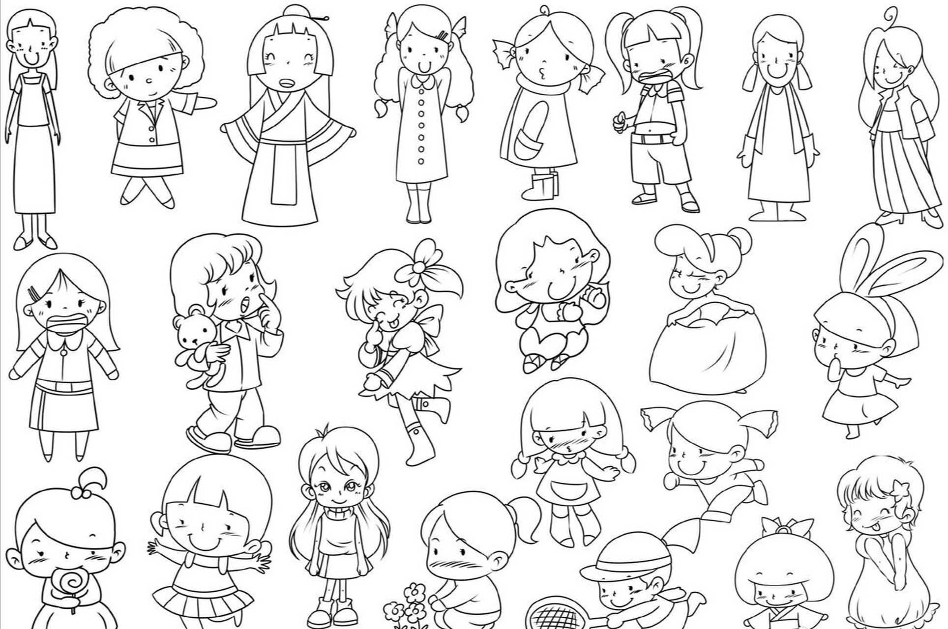 超实用的100多个简笔画人物线稿素材 各种动态,发型,服饰,大人小孩