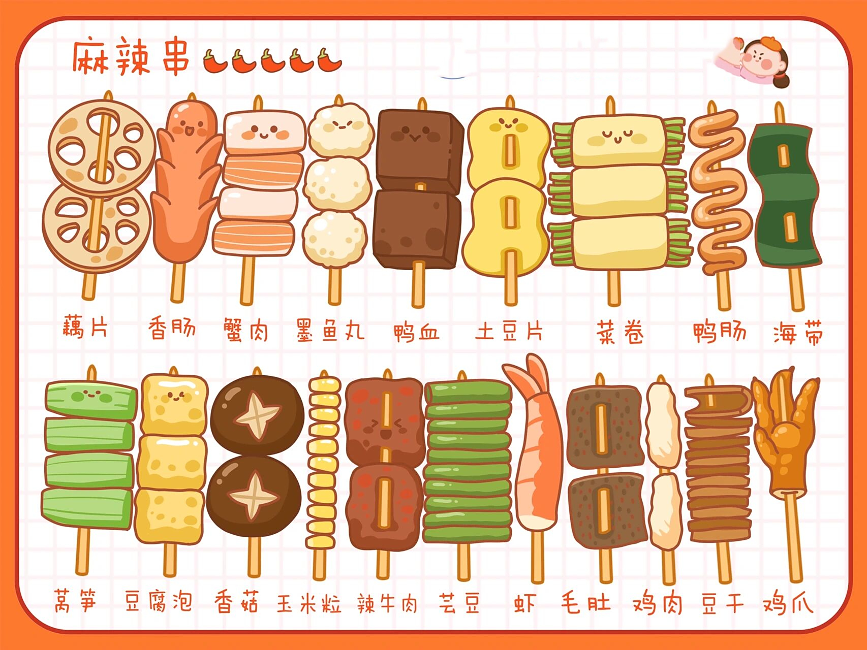 原创美食插画78小吃系 | 麻辣串/涮串简笔画 恬花花简笔画小课堂第