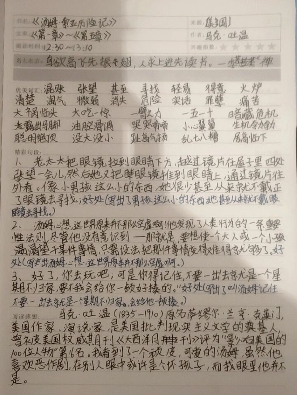 《汤姆·索亚历险记》读书笔记  《汤姆·索亚历险记》 第一章到第五