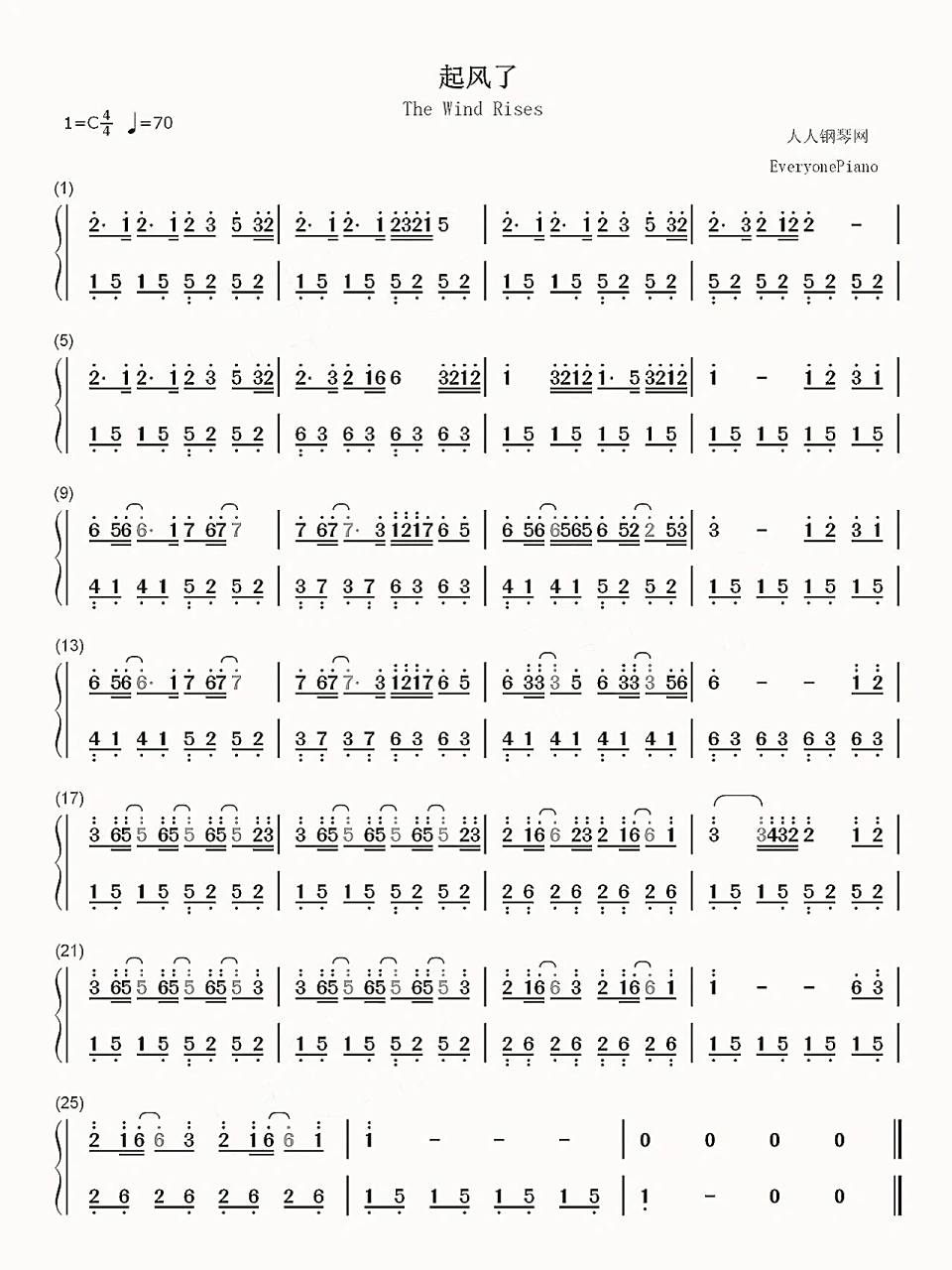 《起风了》简易版双手简谱分享78 c大调是最简单的版本啦