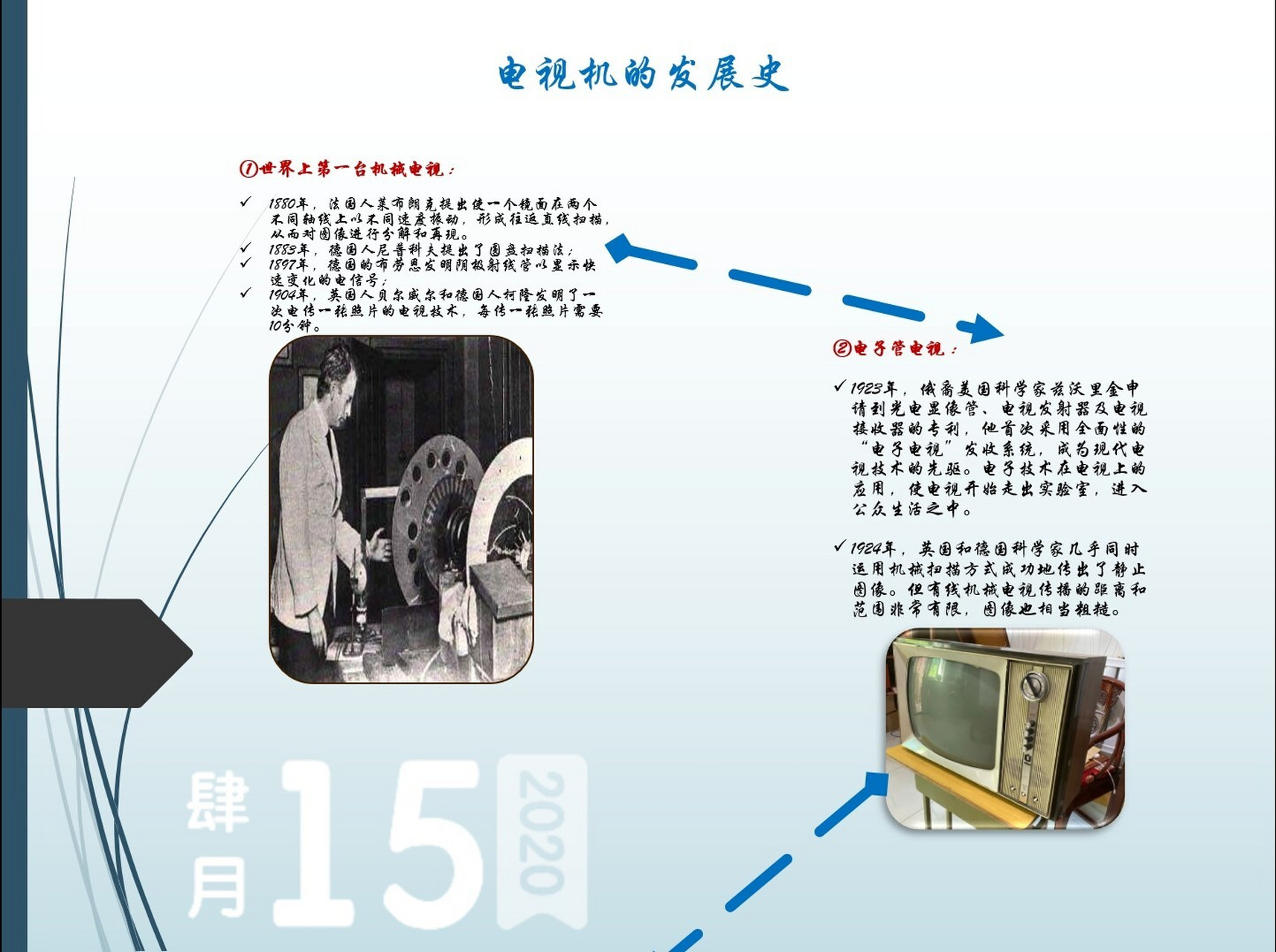 电视机的发展史 1883年圣诞节  德国电气工程师尼普柯夫用他发明的"尼