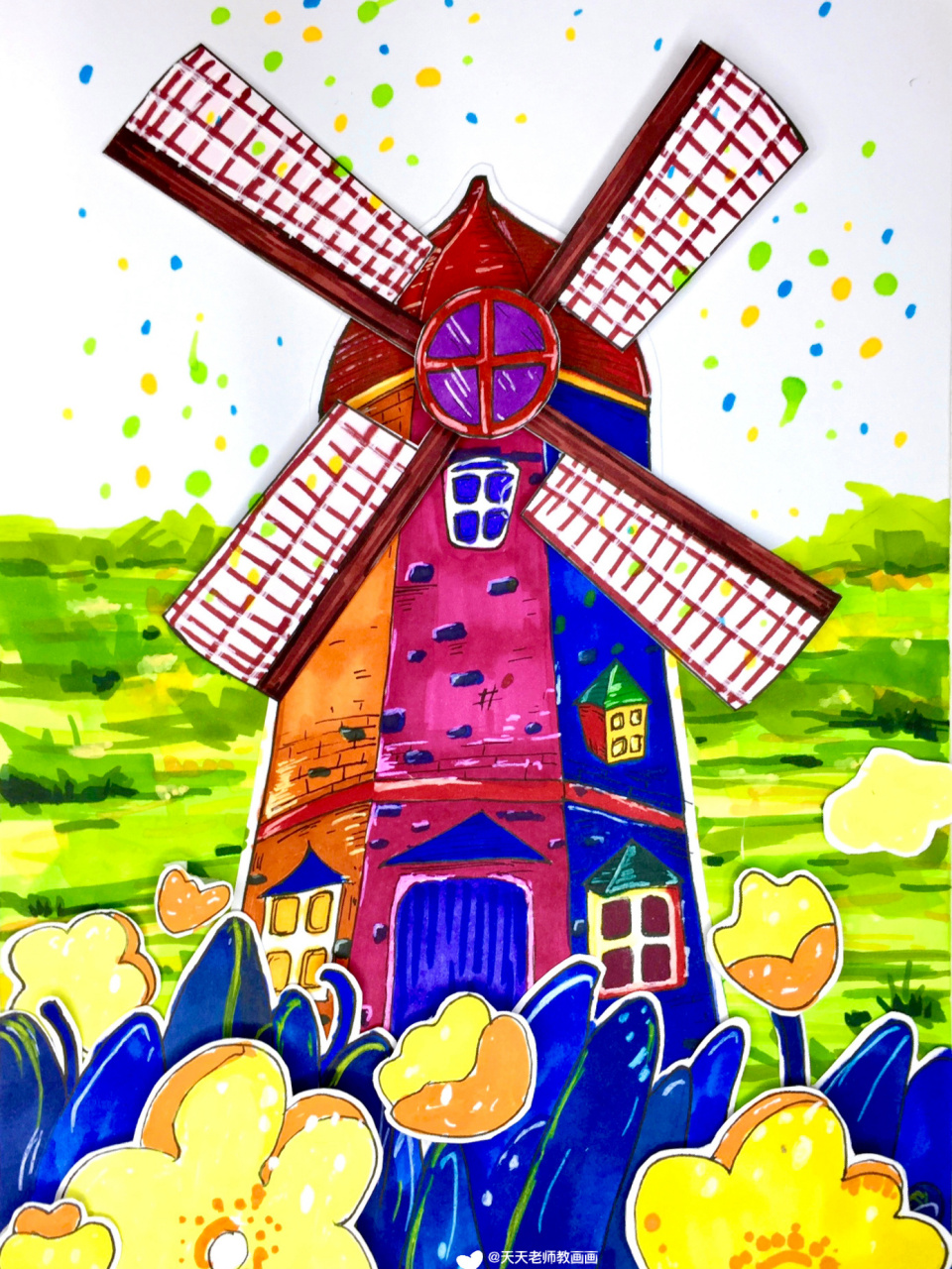 创意美术|荷兰风车 93美丽的郁金香是荷兰的国花,同时荷兰有着"风车