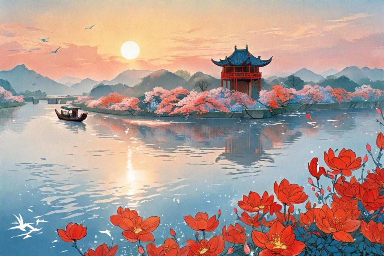 《忆江南》 江南好,风景旧曾谙;日出江花红胜火,春来江水绿如蓝.