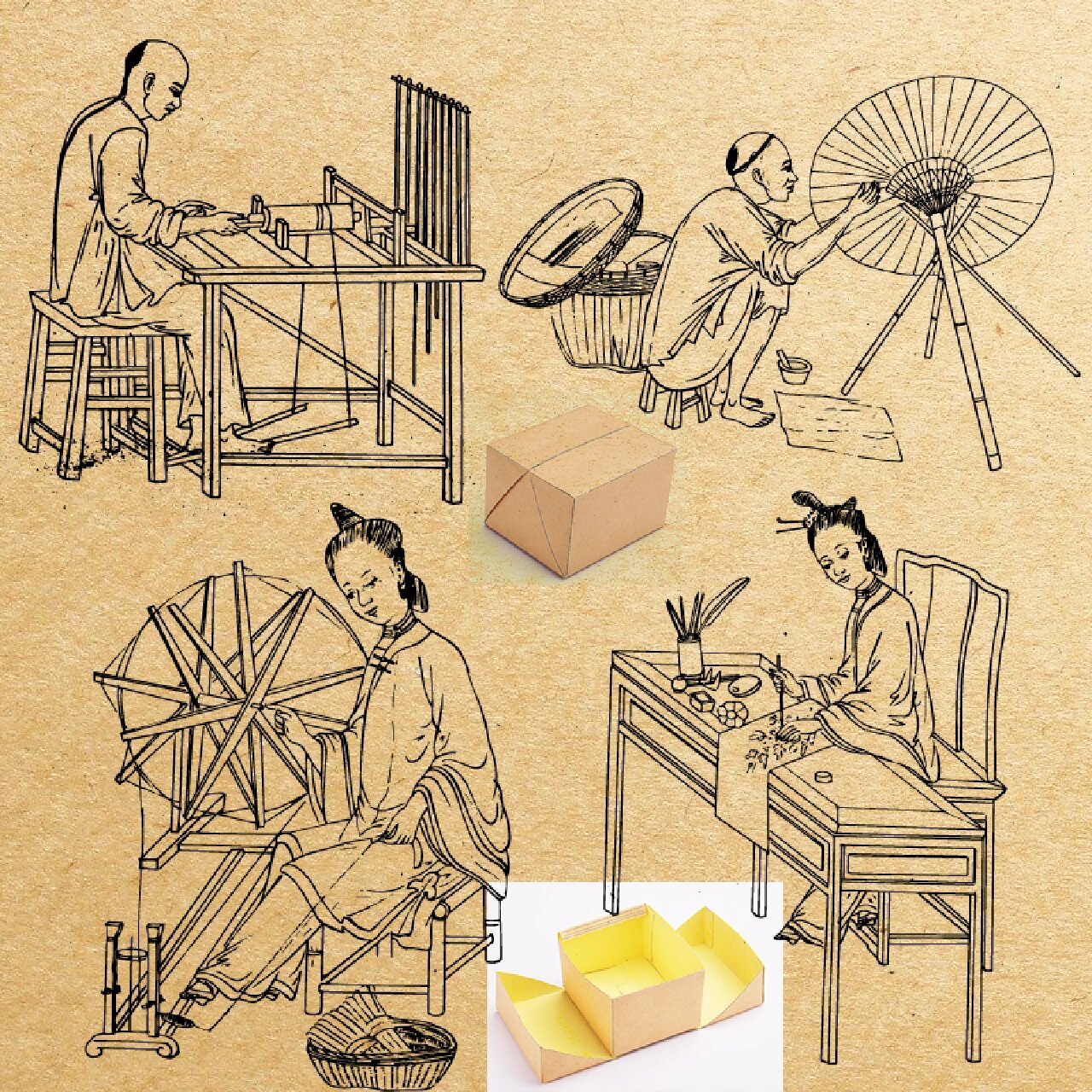 古代市井劳动场景古代传统生活百业手工艺民谷线描线稿图片平面素材