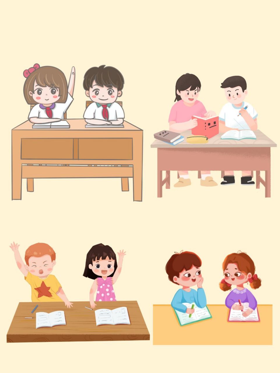 免扣素材|卡通学生同桌上课讨论举手加油 95今天分享的是卡通同桌一