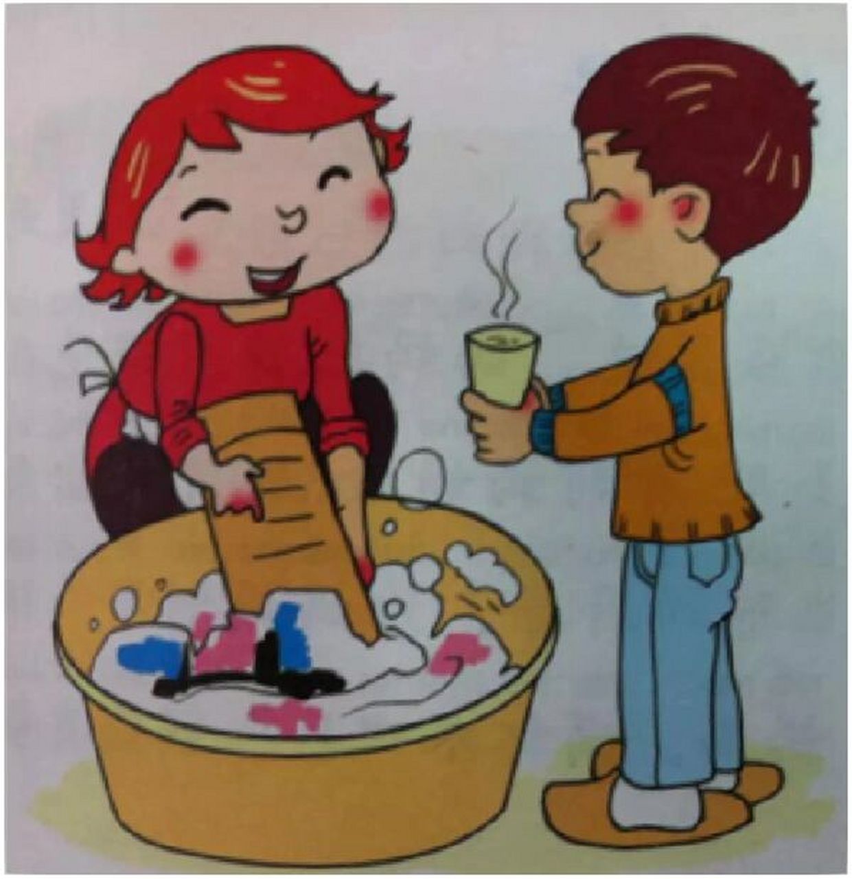 帮妈妈端水看图写话 范文1:给妈妈一杯茶 在一个炎热的夏天,小红放学