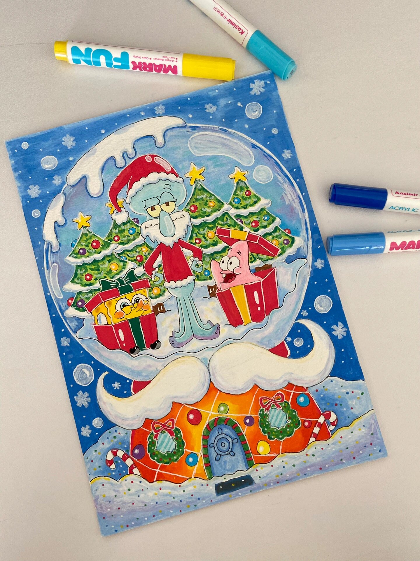 马克笔手绘/海绵宝宝圣诞水晶球附过程图 夏日滤镜        快给你喜欢