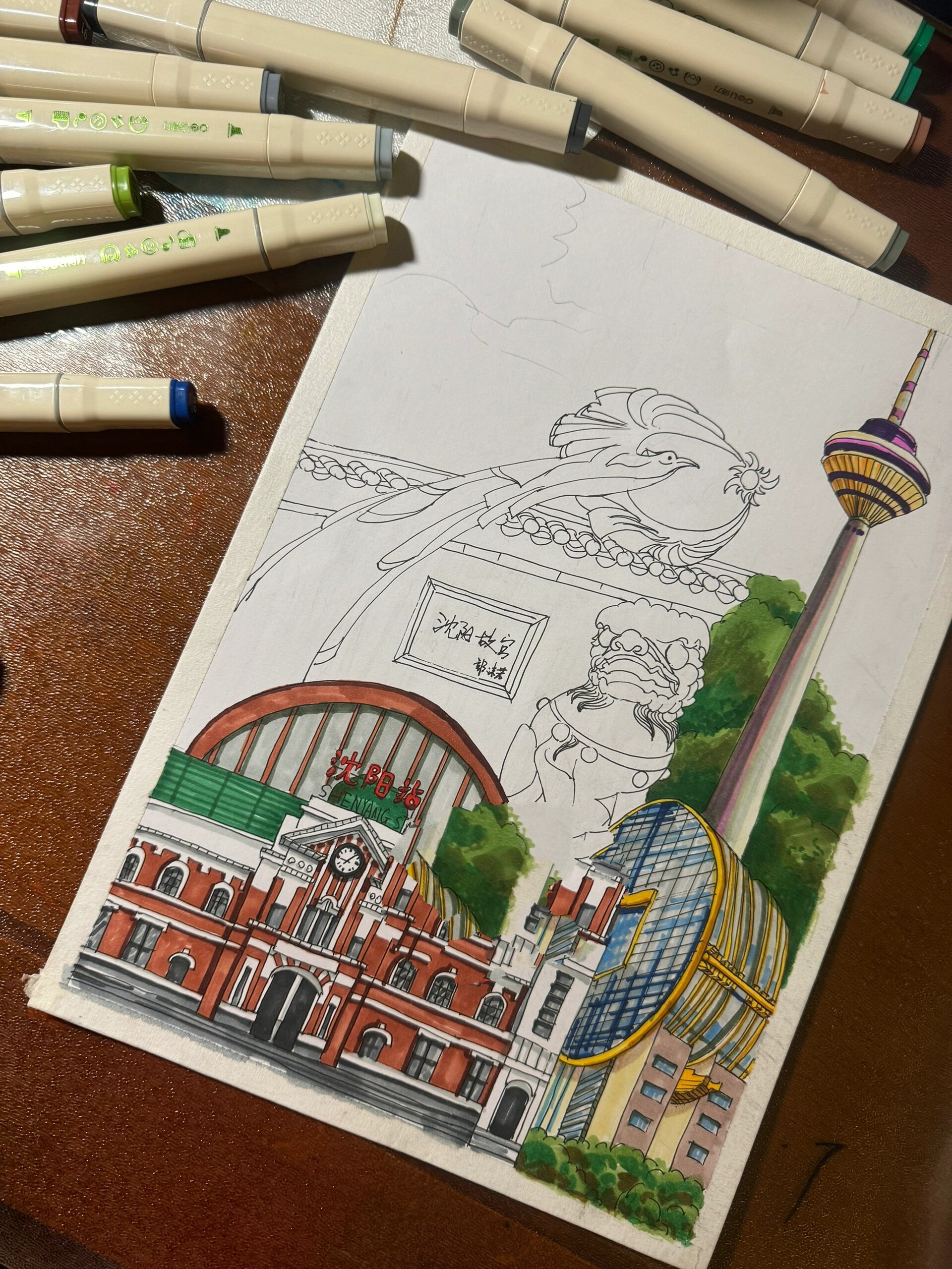 96马克笔手绘|地标建筑|沈阳(含步骤