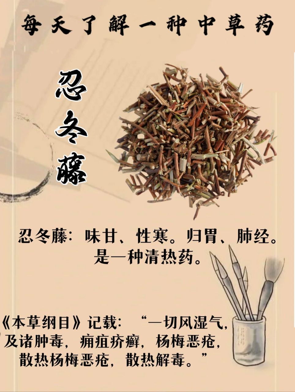 每天认识一味中草葯 / 忍冬藤 91  	 【忍冬藤别名】:忍冬草,水杨藤