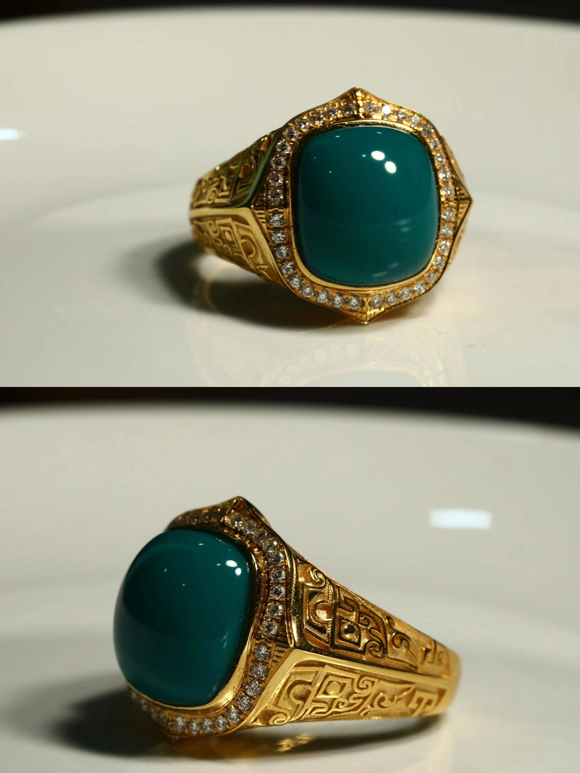 18k金饕餮纹全金款绿松石戒指 绿松石饕餮纹戒指 绿松石界面18k金饕餮