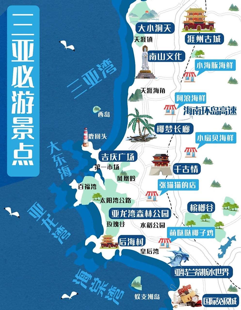 在海南读了近6年的书,和大学朋友分工合作手绘了三亚旅游攻略地图