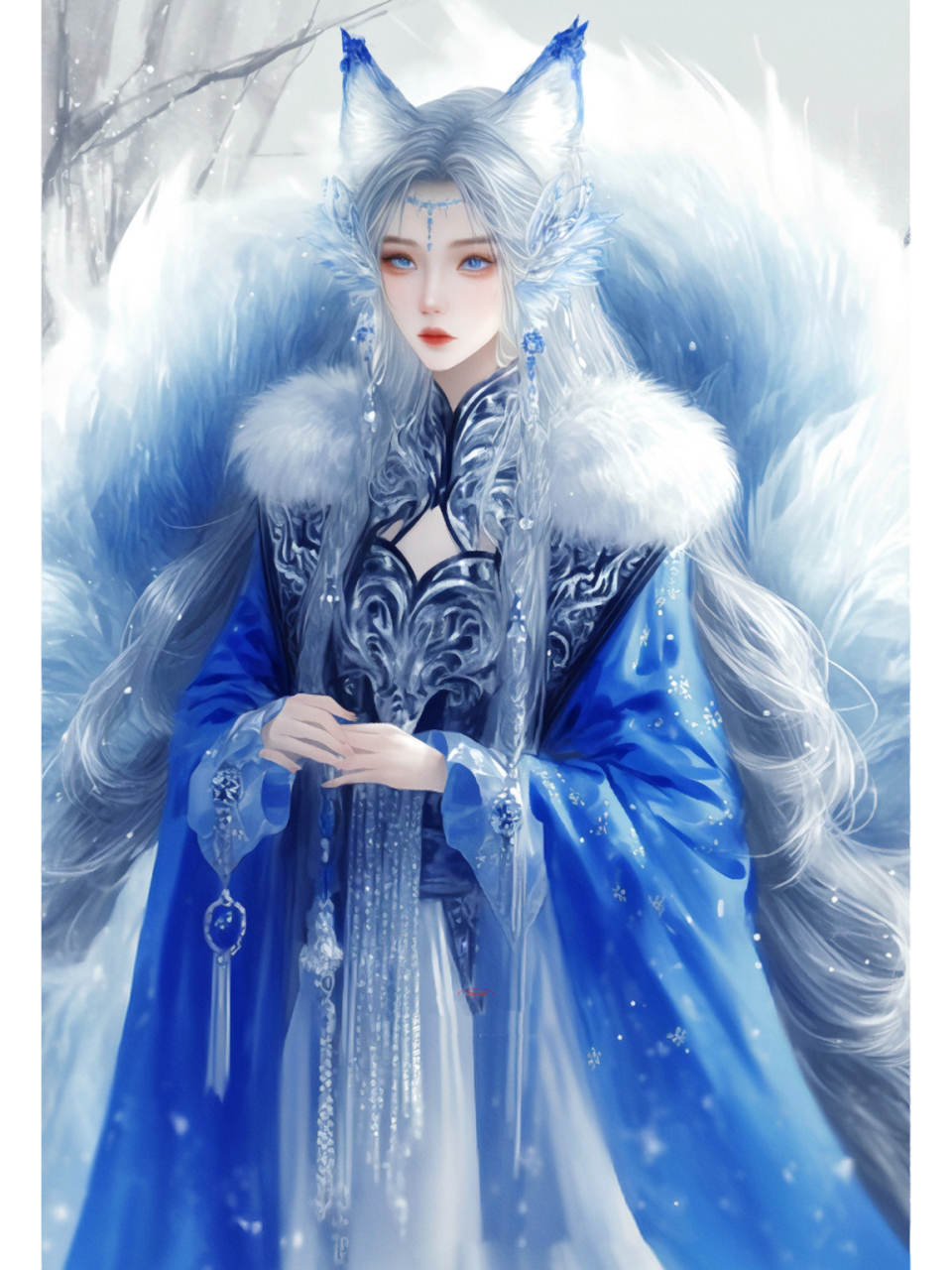 【ai绘画】78狐仙之六尾玄狐 蓝色的九尾狐,亦称六尾玄狐,狐仙级别