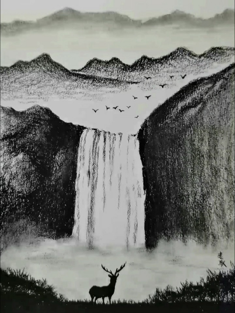 画简单的一座山和瀑布图片