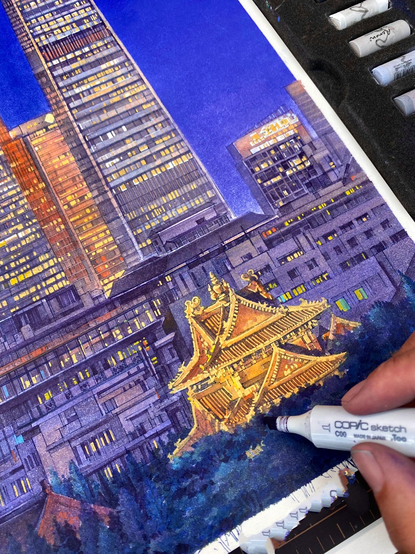 马克笔手绘|蓝调时刻下的北京国贸夜景6015