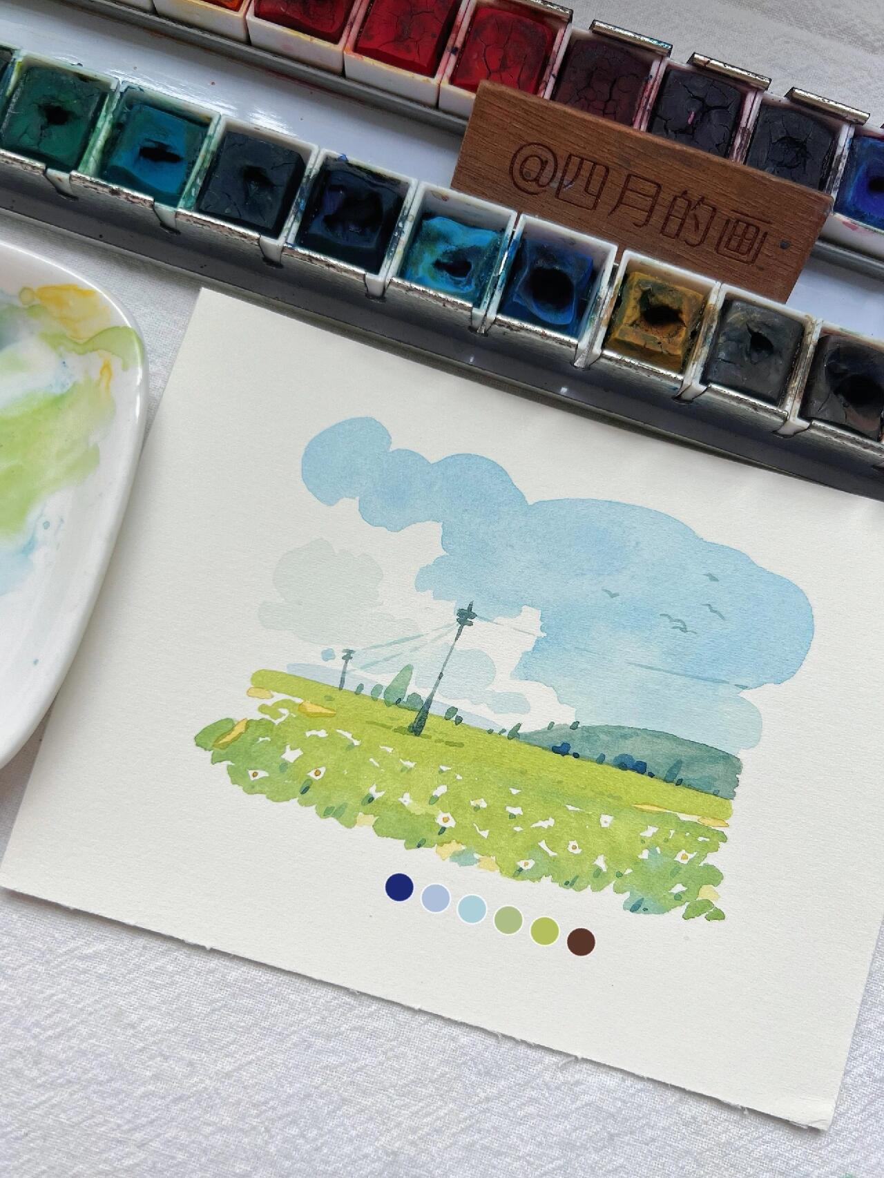 清新的蓝绿色调水彩风景