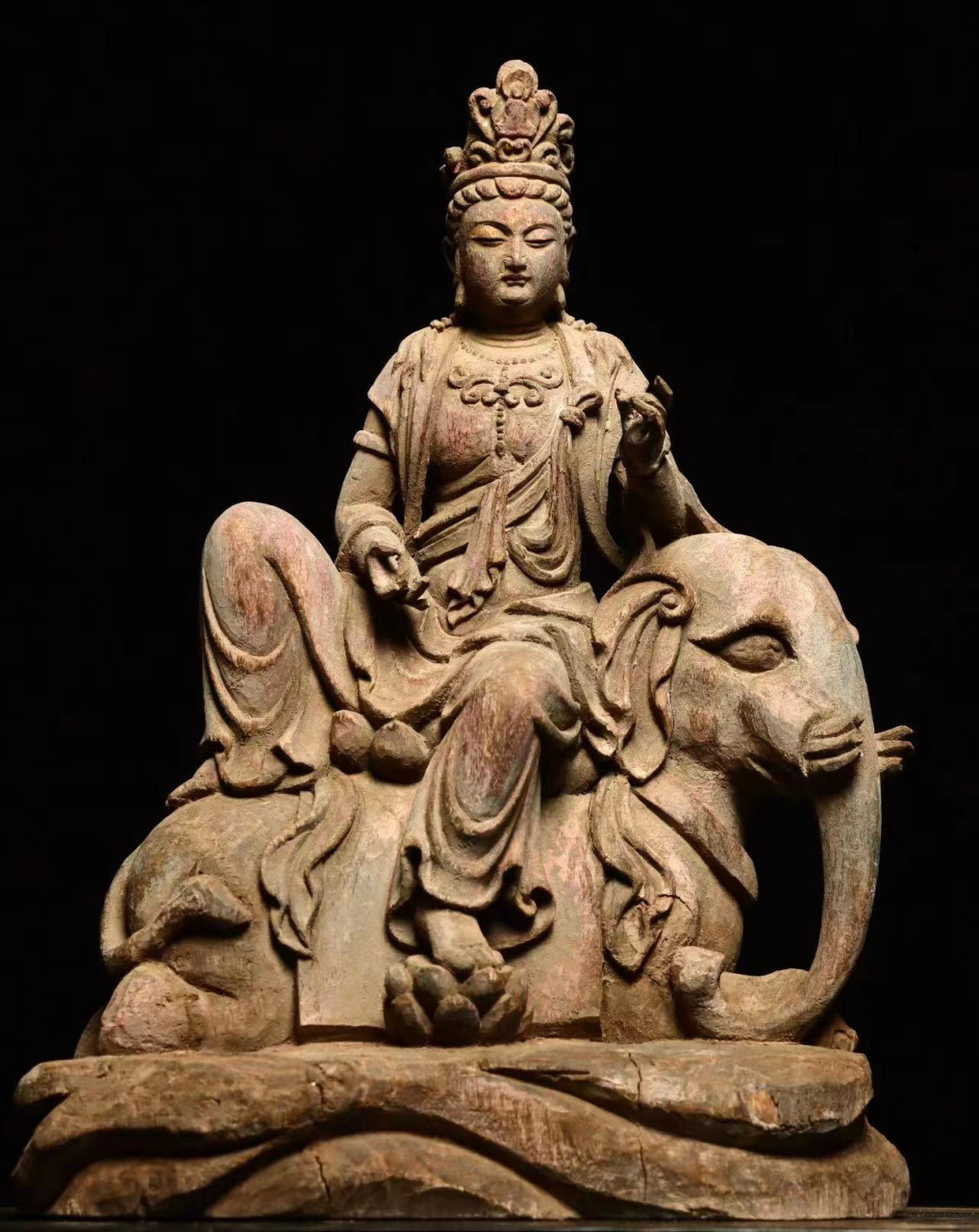 文殊|普贤菩萨造像 木雕 高43  宽32 厚17厘米 尊像一木整雕  雕工