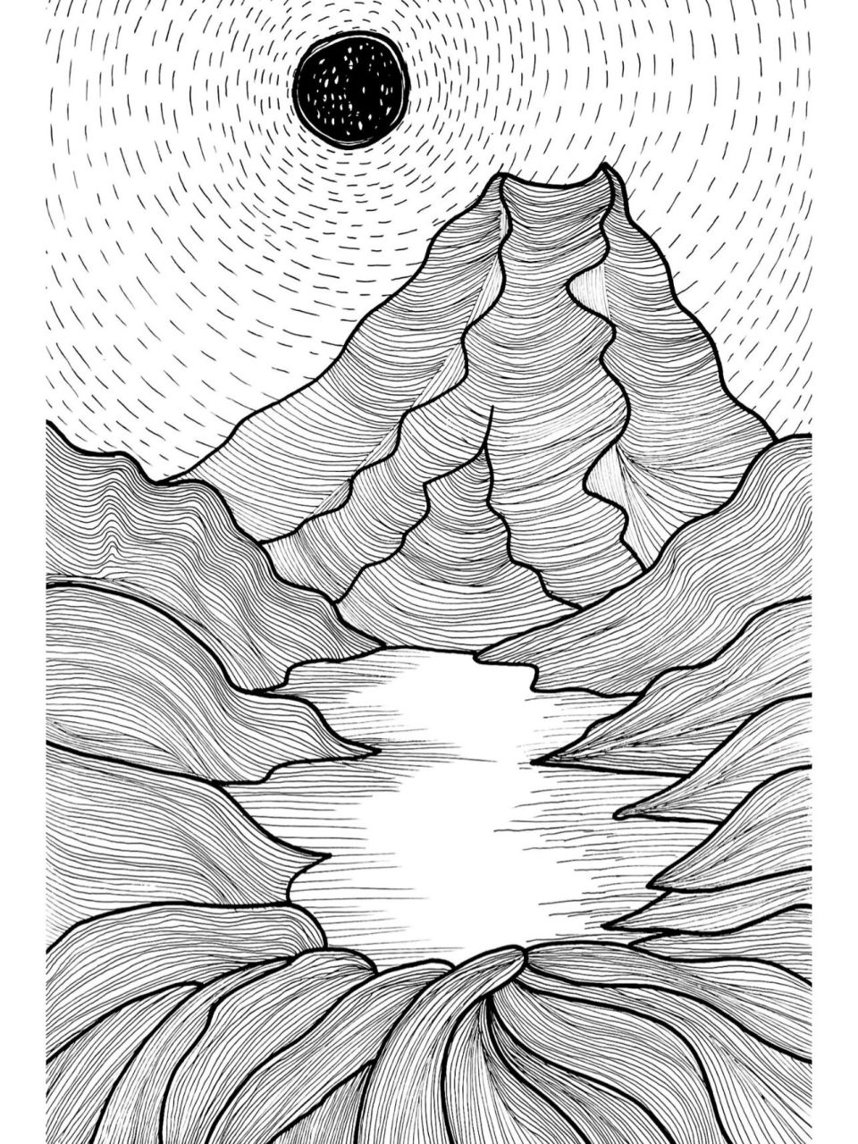 月光下的山峦黑白装饰画(原创)附步骤 日常线条绘画练习 控笔训练:山