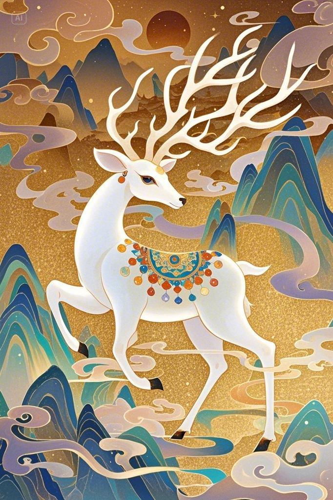 新极繁主义,敦煌艺术风格插画,国风动画,大师杰作,白色的九色鹿,白色