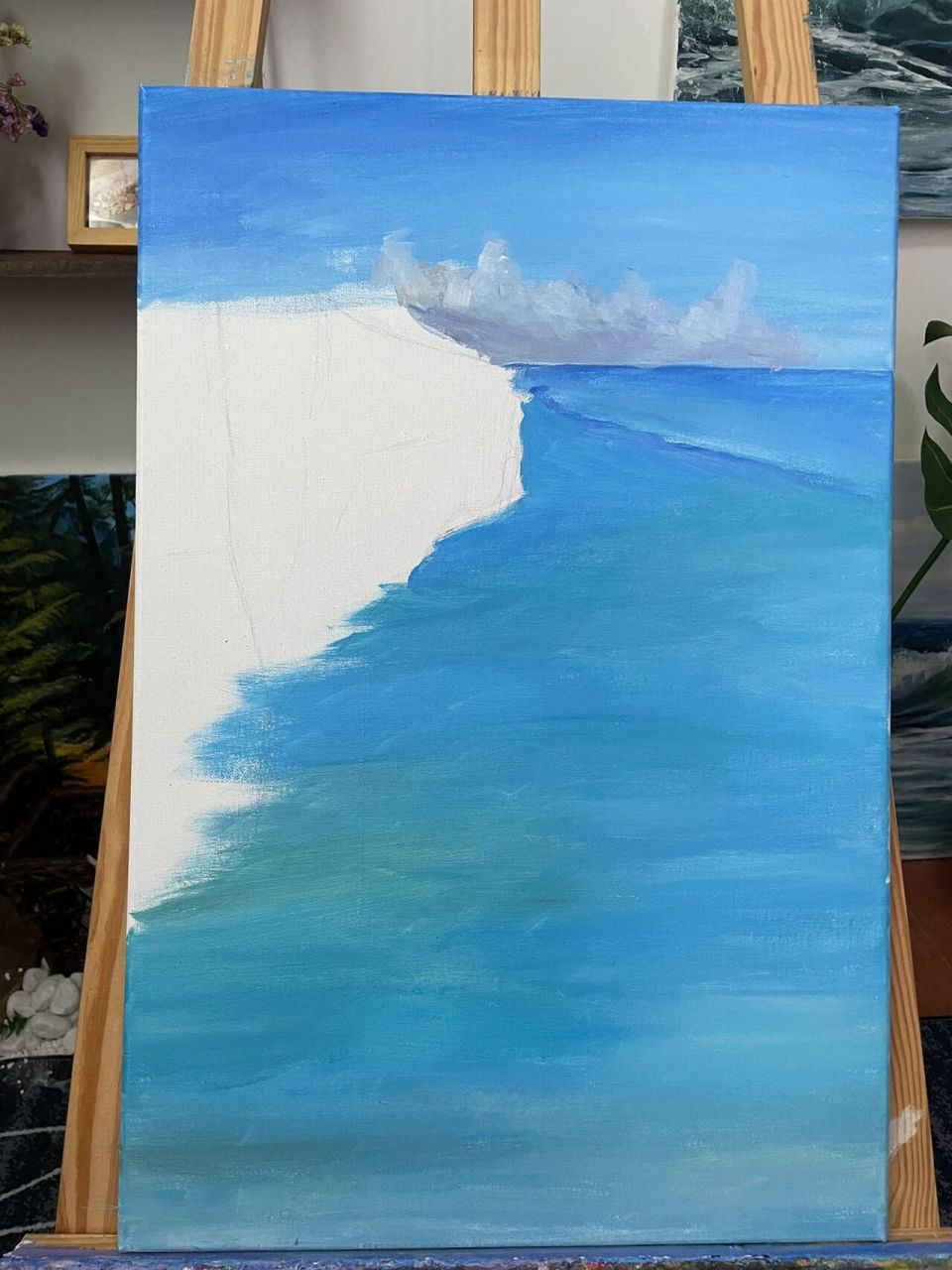 丙烯画 大海 (绘画过程) 平静的海面,蓝得仿佛是一块毫无瑕疵的蓝宝石