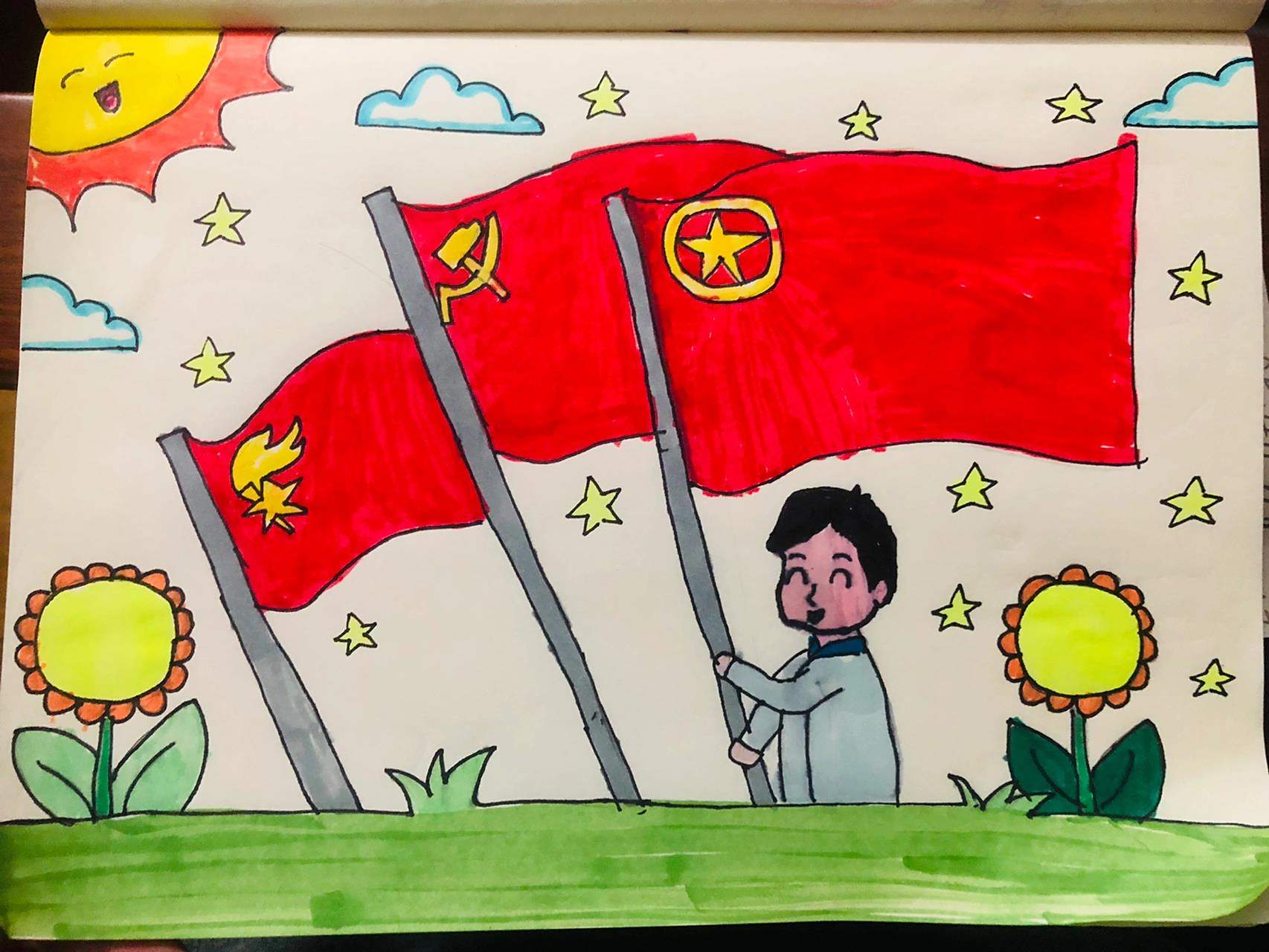 老师让画的党旗,少先队队旗,共青团团旗 马上要入少先队了,老师让画的