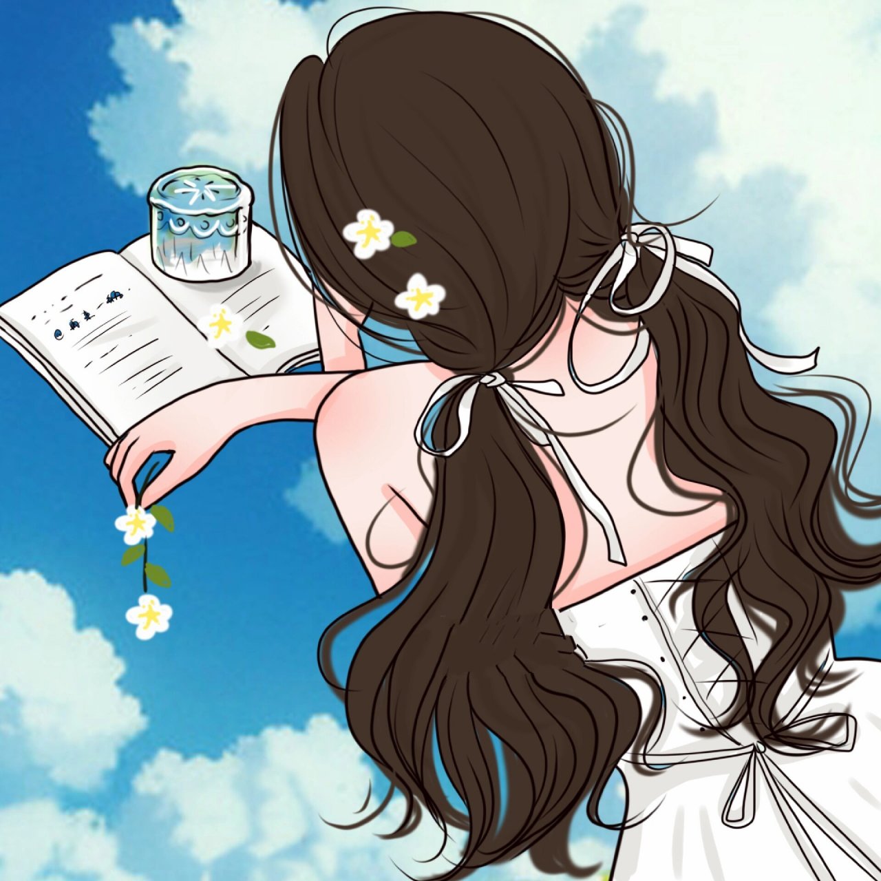 看书背影女孩手绘95 田园女生背影手绘 喜欢可用于个人头像和壁纸