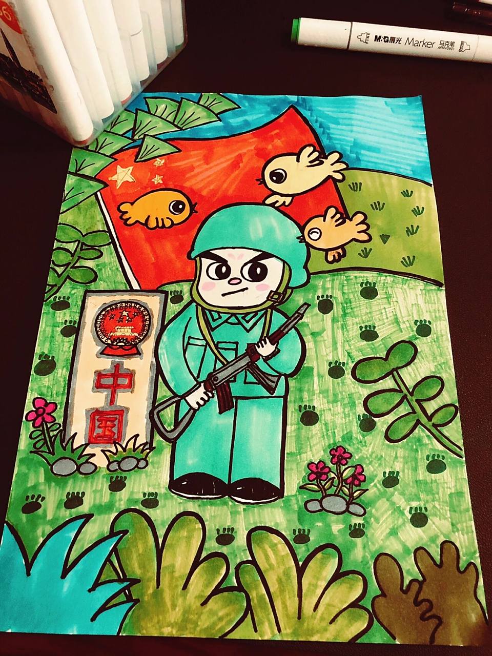 儿童画|爱国主题|附线稿 小学国防教育手抄报 晨光马克笔/36色 简笔画